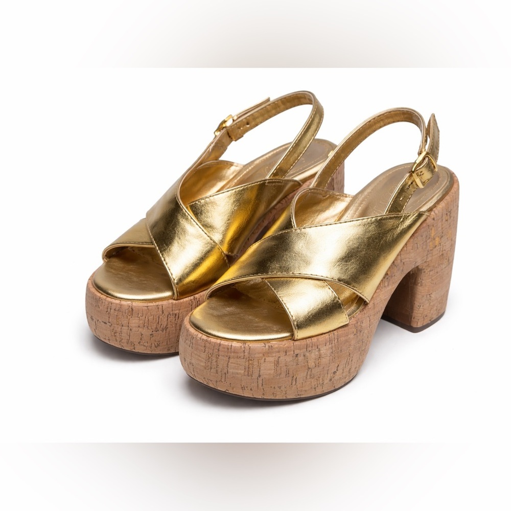 Schutz Gold Platform Sandals Cork Block Heel Disco Glam Boho- 7.5